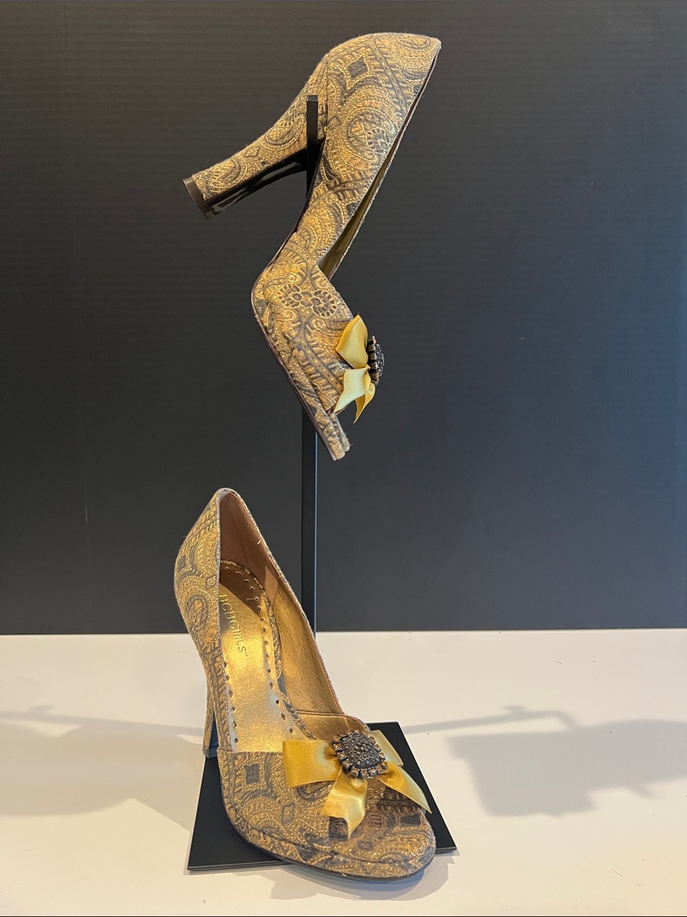 BCBGirls Gold Paisley Open Toe Pump